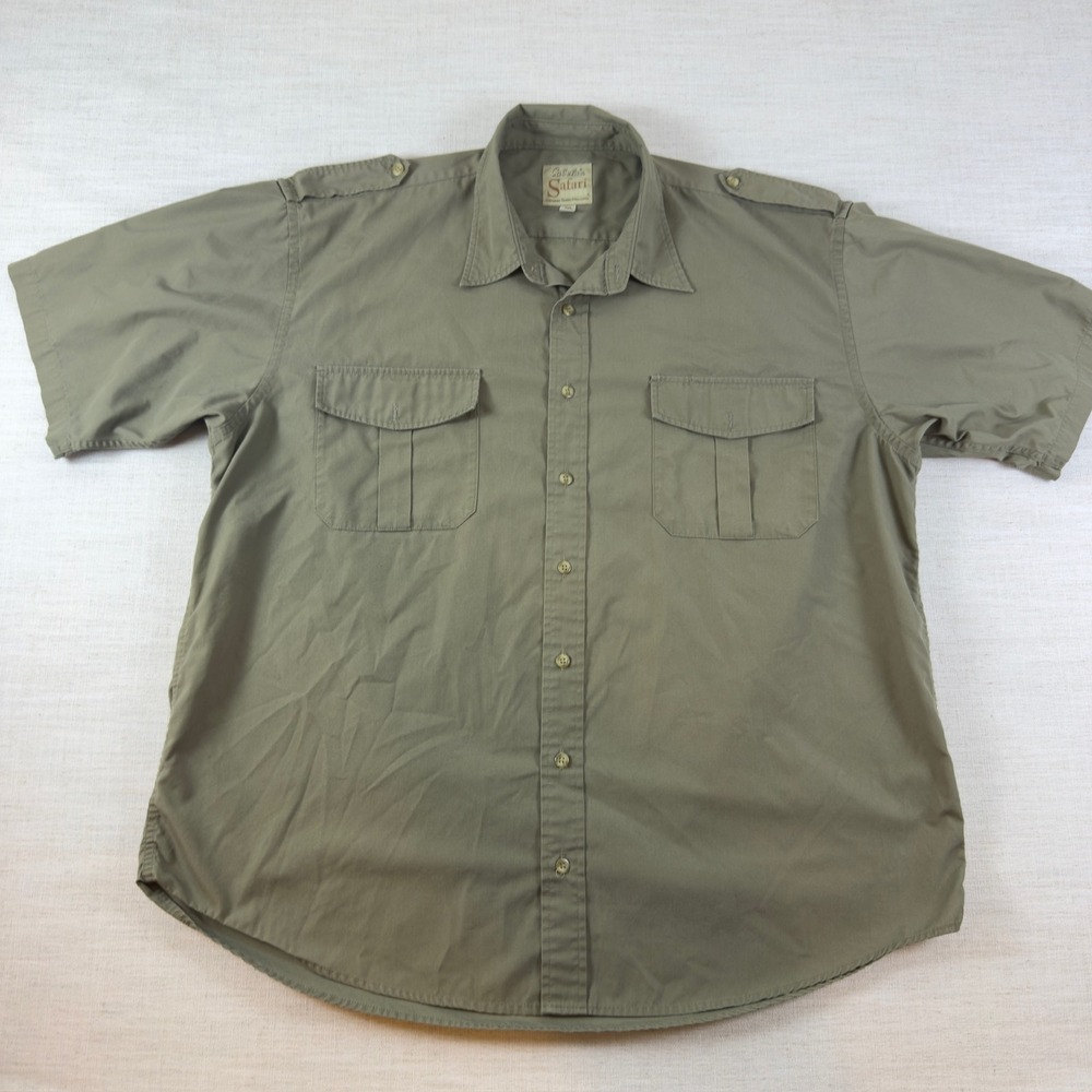 Cabelas Safari Series Shirt Mens 2XL Tall Green Short Sleeve Button Up Epaulets